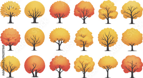 Autumn Trees: A collection of various stylized autumn trees with vibrant orange and yellow foliage.