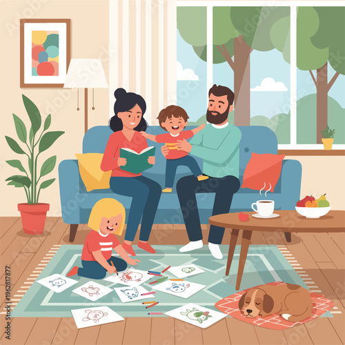 Quadro su tela Family in a cozy living room; reading, drawing, and playing