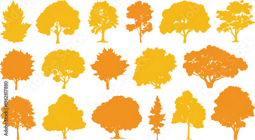 Diverse tree silhouettes: A collection of various tree silhouettes in vibrant colors, perfect for design and illustrating the diversity of arboreal life.