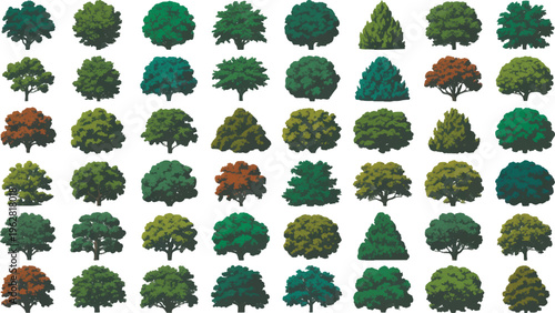 Assortment of Trees: A collection of meticulously rendered trees, each showcasing unique foliage and form, presents a diverse and verdant palette for architectural and design use.