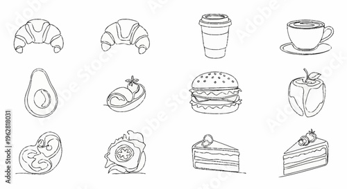 Hand Drawn Food Illustrations on White Background.