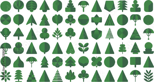 Stylized Trees: A collection of various stylized green tree shapes. Featuring distinct flat design, offering a versatile range of natural elements, each portraying different tree forms. 