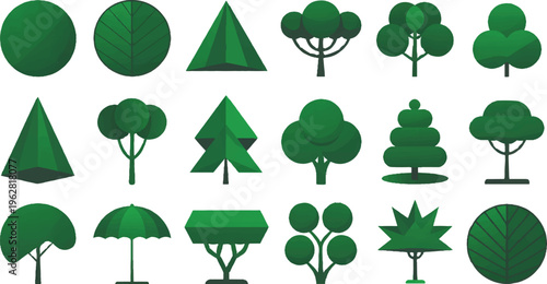 Green Tree Icon Collection: A collection of various stylized green tree icons for diverse design applications. These versatile graphics are perfect for enhancing any project with a touch of nature.