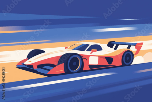 Racing car speeding in neon tunnel, stylized vector illustration of motorsport and high performance.