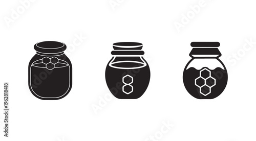 Black and white icons of honey jars with honeycombs on them for food and drink concepts  honeycomb designs