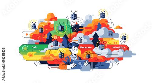 Man in VR headset immersed in digital world.