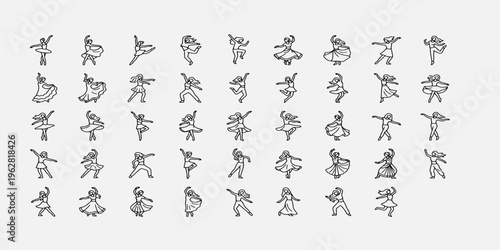 graceful female dancers performing various ballet and contemporary dance poses in a minimalist line art style for creative movement projects.