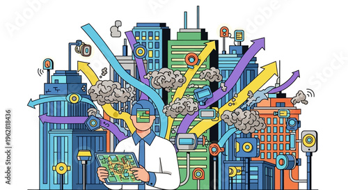 Man in VR headset interacting with digital city data.