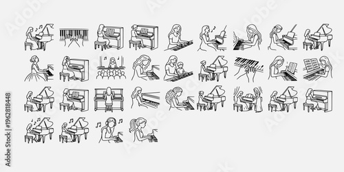 talented female pianists playing grand and upright pianos featuring diverse perspectives and musical performance scenes in elegant line art illustrations.