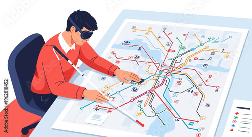 Man in VR headset planning a journey on a subway map.