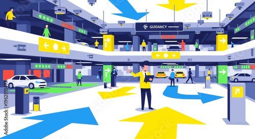 Man in yellow vest directing traffic flow in futuristic transport hub.