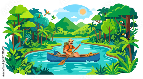 Man paddling canoe through lush green jungle river.