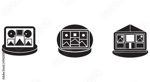 Black and white icons of various electronic devices with screens and controls on a white background