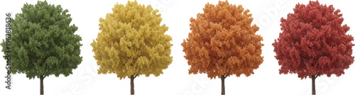  Four Bushy Colorful Trees Green Yellow Orange Red Isolated  set  vector design on transparent  Background.