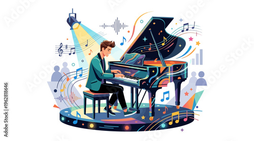 Man playing grand piano on stage with spotlight.