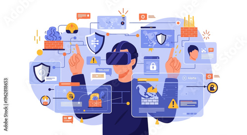 Man Immersed in Virtual Reality Experiencing Digital World.