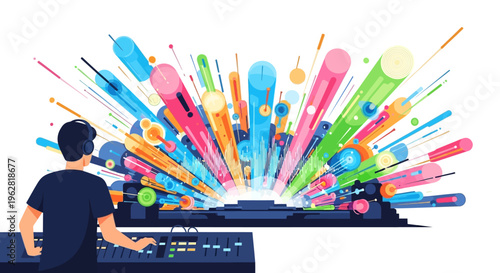 Man playing keyboard with colorful sound waves exploding outwards.