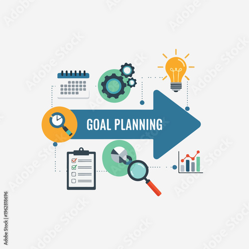 Colorful vector illustration about "goal planning" with various icons
