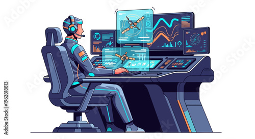 Man in futuristic control room with holographic displays.