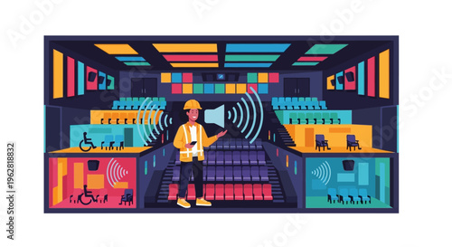 Man in hard hat operating sound system console.