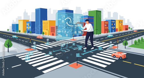 Man Interacting with Futuristic City Technology Interface.