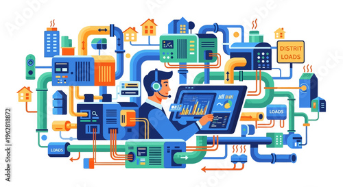 Man in headset controlling complex industrial system.