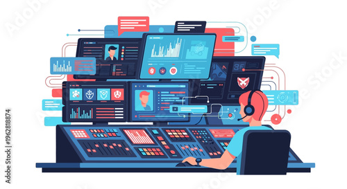 Man in headset operating complex control panel with multiple screens.