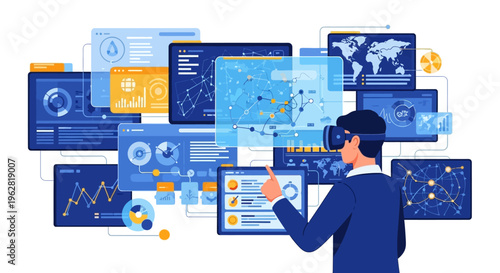Man Interacting with Futuristic Virtual Reality Data Interface.