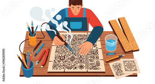 Man meticulously crafting intricate designs with a soldering iron.