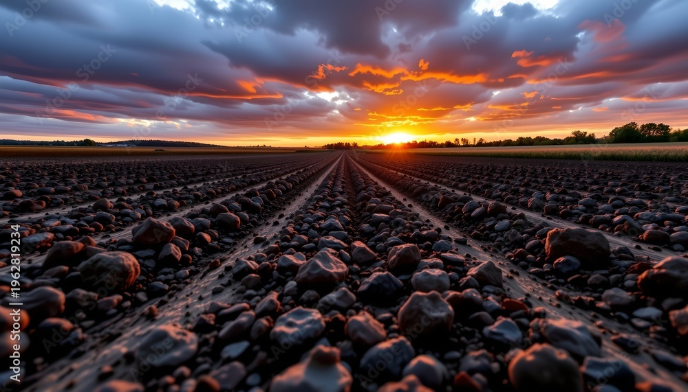 Fototapeta premium Sunset Over Rugged Farmland with Tilled Soil