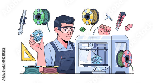 Man Operating 3D Printer with Filament and Tools.