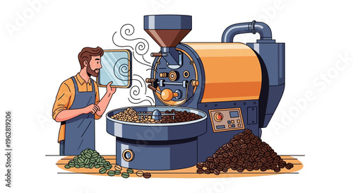Man operating advanced coffee roasting machine with fresh beans.