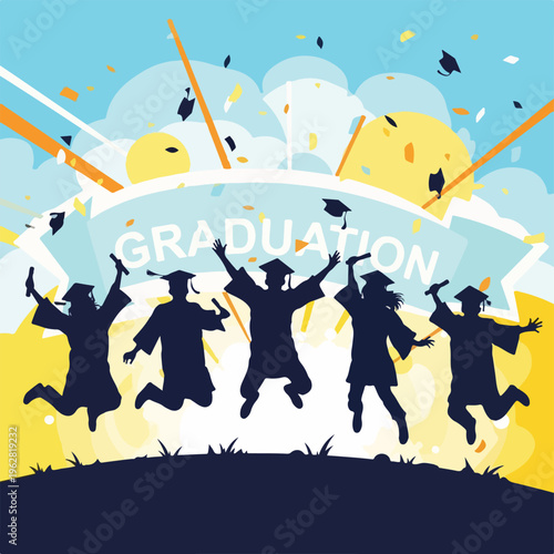 Graduates celebrate their success, caps and confetti fly amidst joyful blue and yellow hues