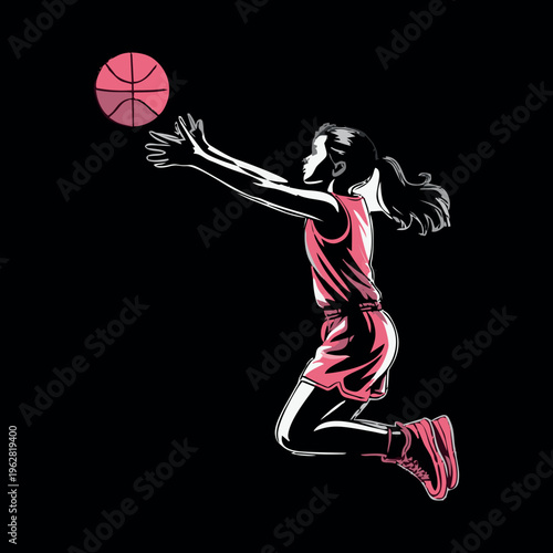 Female Basketball Player Jump Shot Neon Splash Vector Illustration