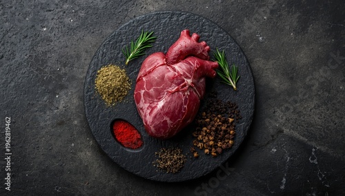 Uncooked pork heart on a dark stone platter with seasonings. Meat. On a stone surface