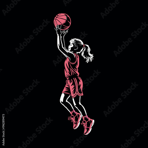 Female Basketball Player Jump Shot Neon Splash Vector Illustration
