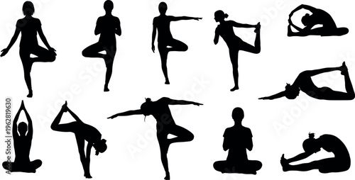 Silhouette of various yoga poses for flexibility and balance yoga silhouette