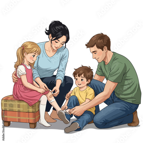 Family of four, tending to their children's injuries with love and care