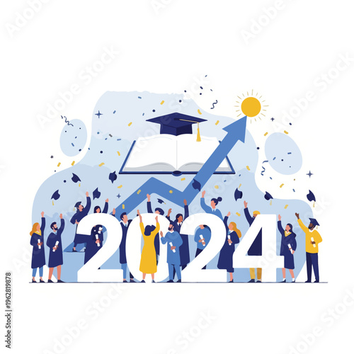 Illustration of a graduation with people, books, and confetti