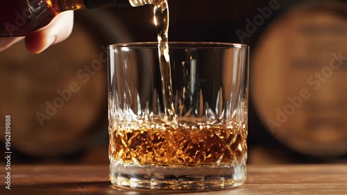 Liquid pours into a crystal glass, amber liquid catches light, barrel background
