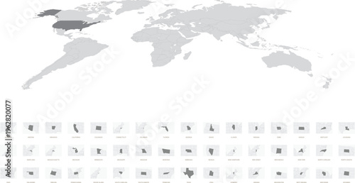 USA states map collection with detailed regional outlines, United States administrative divisions vector set with world map highlight