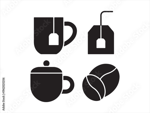Coffee and tea silhouette icon set cup mug beans teabag drink vector isolated on white background
