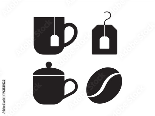 Coffee and tea silhouette icon set cup mug beans teabag drink vector isolated on white background