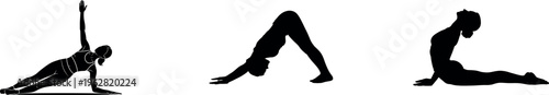 Silhouette of yoga poses downward facing dog standing split and plow pose variations