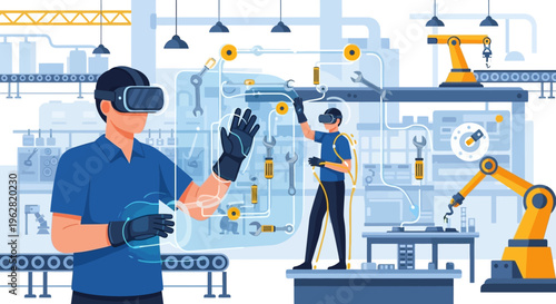 Man wearing VR headset and gloves interacting with digital interface.