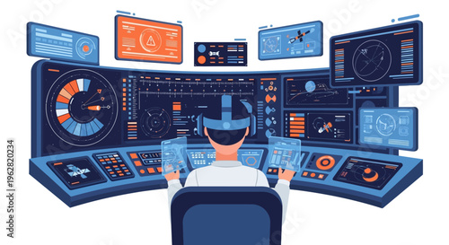 Man Wearing Virtual Reality Headset Interacting with Futuristic Control Panel.