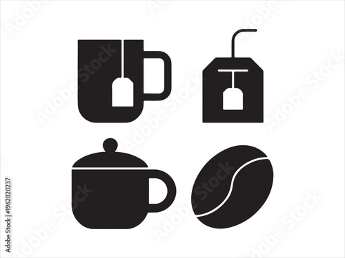 Coffee and tea silhouette icon set cup mug beans teabag drink vector isolated on white background