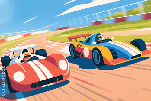 Two race cars competing on curved track with motion streaks, stylized vector illustration of motorsport speed and excitement.