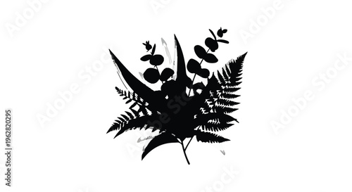 Botanical arrangement showcases an elegant silhouette of wild fern leaves and eucalyptus branches, representing natural beauty, organic growth, and the serene aesthetic of wild forest flora.