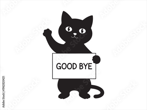 Cute cat silhouette holding goodbye sign vector cartoon animal character isolated on white background